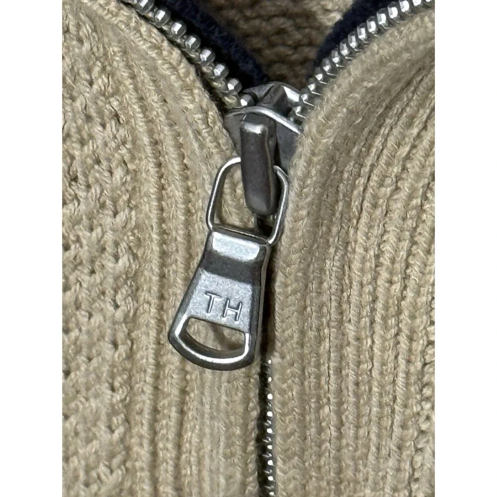 Tommy Hilfiger Quarter Zip Sweater Mens L Beige Tan Navy Collar Flag Logo Knit